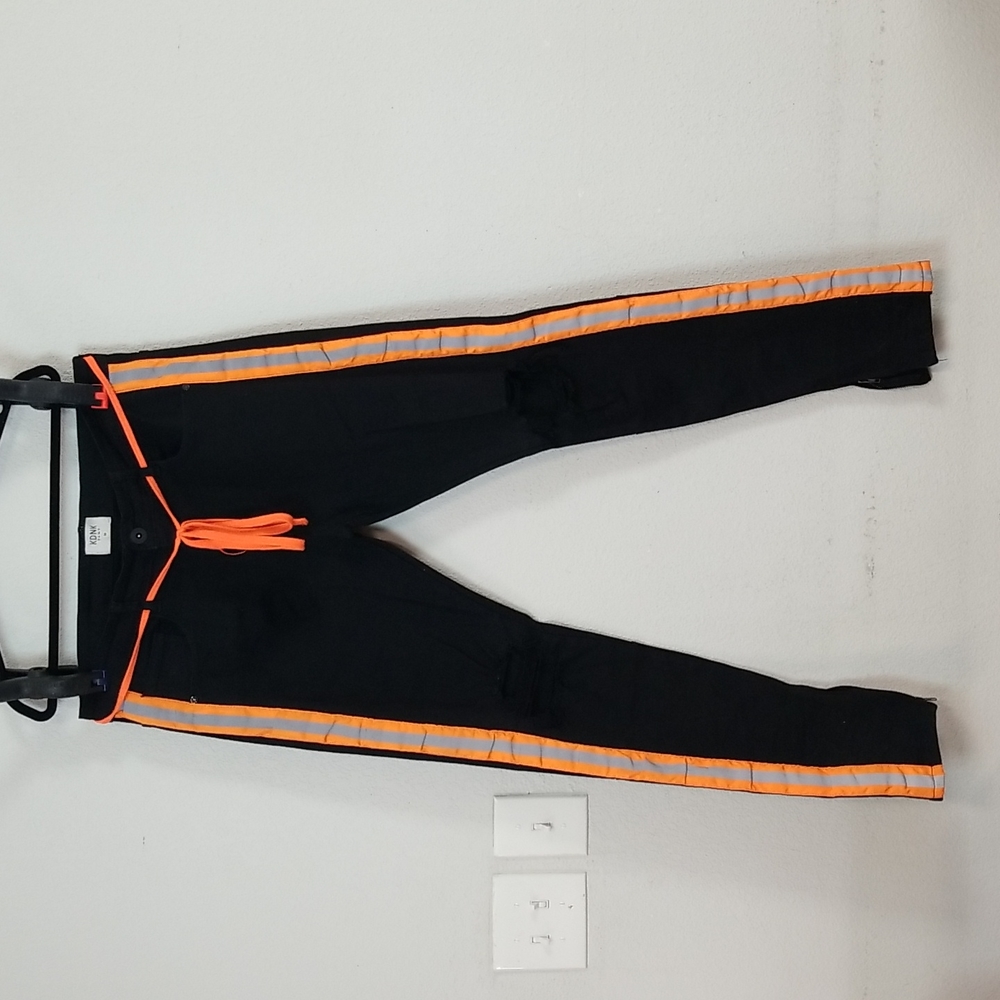 KDNK Men's Black & Orange Gold Side Striped Distressed Jeans with Drawstring 36
